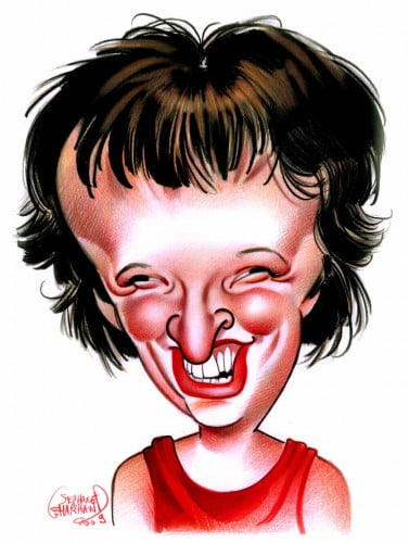 Caricature de Anne Roumanoff, humoriste française. Cette illustration en couleur est faite au crayon