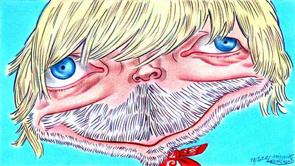 Caricature de Renaud, chanteur. Illustration en couleur