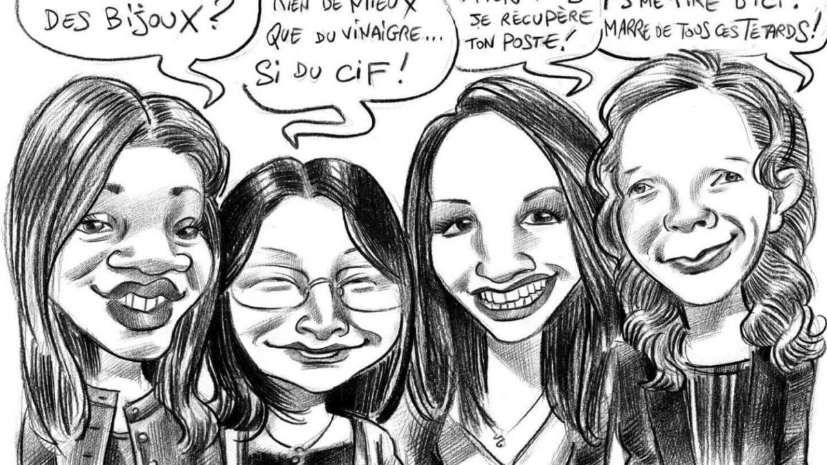 Caricature en noir et blanc groupe jeunes filles