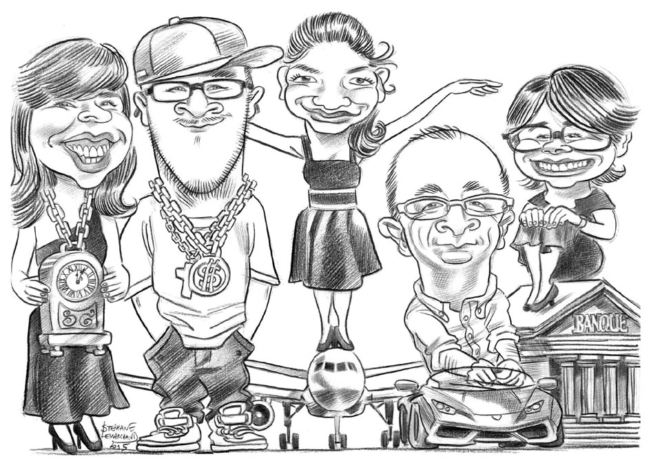 Caricature de groupe avec cinq personnes, incluant des accessoires comme une horloge, une chaîne en or, et une banque.
