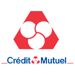 Logo Crédit Mutuel avec trois cercles blancs formant un triangle sur fond rouge