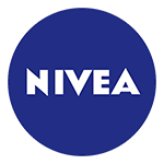 Logo de Nivea, texte blanc sur fond bleu circulaire.