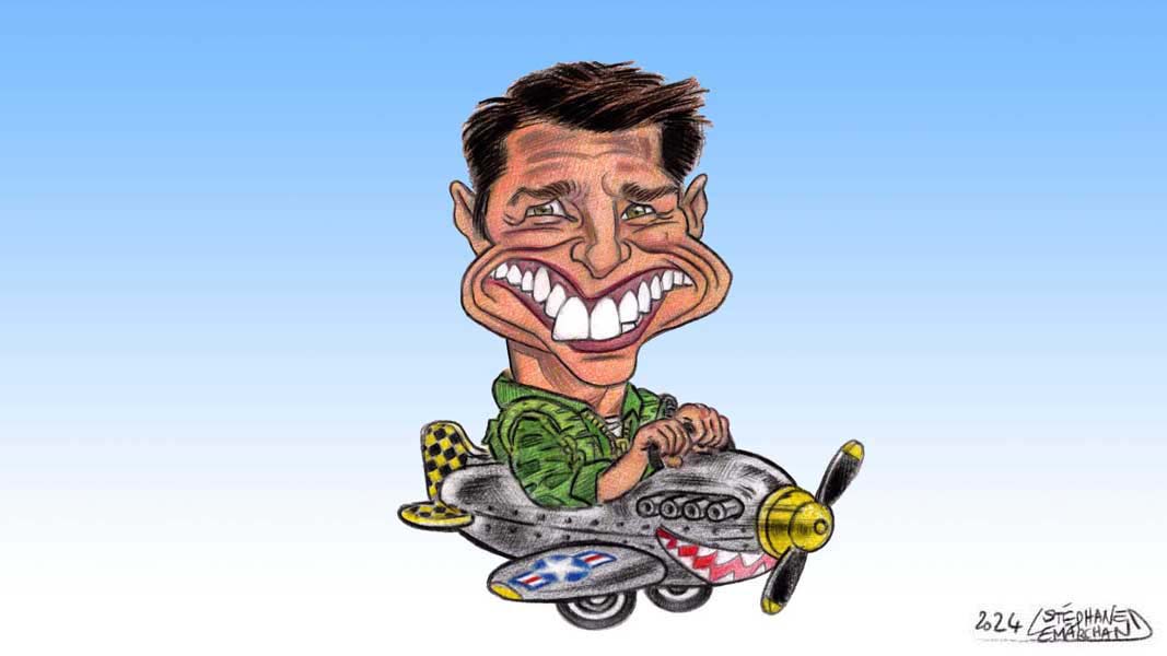 Caricature de Tom Cruise, en couleur, dans son avion