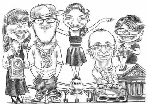 Caricature de groupe avec cinq personnes, incluant des accessoires comme une horloge, une chaîne en or, et une banque.